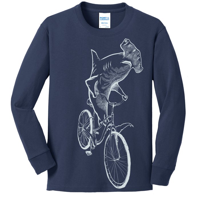 Hammerhead Shark Riding Bicycle Kids Long Sleeve Shirt