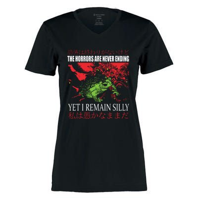 Horrors Are Never Ending Yet I Remain Silly Japanese Frog Women's Momentum V-Neck T-Shirt