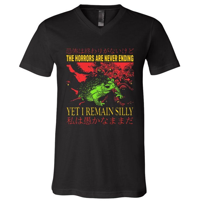 Horrors Are Never Ending Yet I Remain Silly Japanese Frog V-Neck T-Shirt