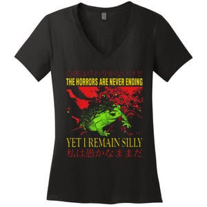 Horrors Are Never Ending Yet I Remain Silly Japanese Frog Women's V-Neck T-Shirt