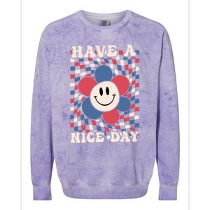 Have A Nice Day 4th Of July Funny Smiley Flower Red White Blue Colorblast Crewneck Sweatshirt