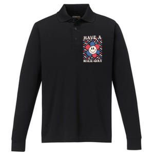 Have A Nice Day 4th Of July Funny Smiley Flower Red White Blue Performance Long Sleeve Polo