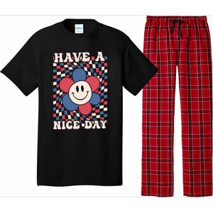 Have A Nice Day 4th Of July Funny Smiley Flower Red White Blue Pajama Set