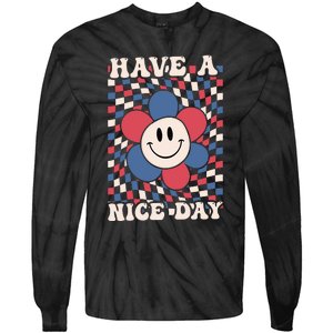 Have A Nice Day 4th Of July Funny Smiley Flower Red White Blue Tie-Dye Long Sleeve Shirt