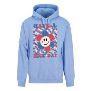 Have A Nice Day 4th Of July Funny Smiley Flower Red White Blue Unisex Surf Hoodie