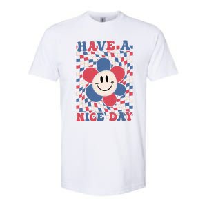 Have A Nice Day 4th Of July Funny Smiley Flower Red White Blue Softstyle CVC T-Shirt