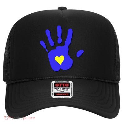 Hand Heart Down Syndrome Awareness High Crown Mesh Back Trucker Hat