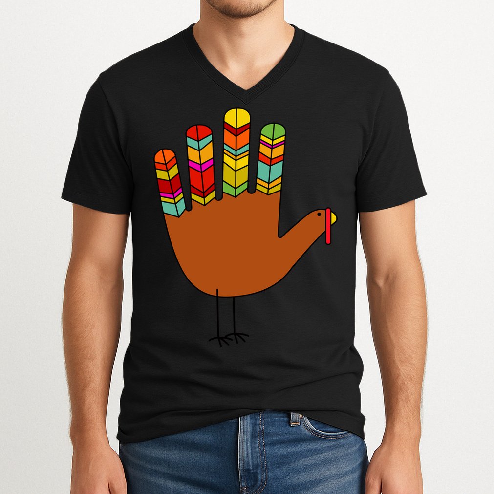 Hand Turkey Thanksgiving Day V-Neck T-Shirt