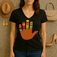 Hand Turkey Thanksgiving Day Women's V-Neck T-Shirt