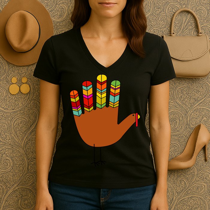 Hand Turkey Thanksgiving Day Women's V-Neck T-Shirt