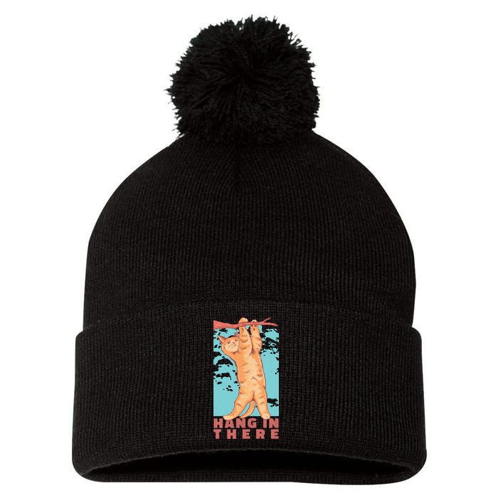 Hang In There Cat Pom Pom 12in Knit Beanie