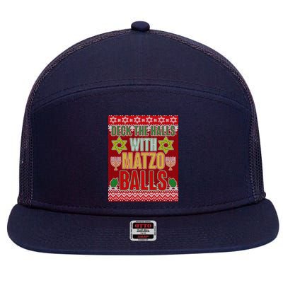 Hanukkah Deck the Halls with Matzo Balls Ugly 7 Panel Mesh Trucker Snapback Hat