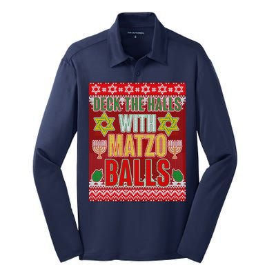 Hanukkah Deck the Halls with Matzo Balls Ugly Silk Touch Performance Long Sleeve Polo