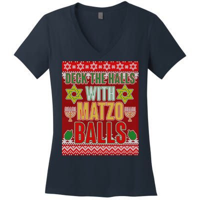 Hanukkah Deck the Halls with Matzo Balls Ugly Women's V-Neck T-Shirt