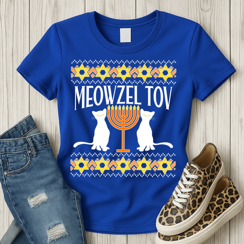Hanukkah Meowzel Tov Ugly Sweater Womens T-Shirt