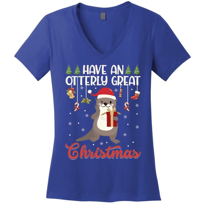 Have An Otterly Great Christmas Funny Gift Funny Otter Xmas Pun Jokes Meaningful Women's V-Neck T-Shirt