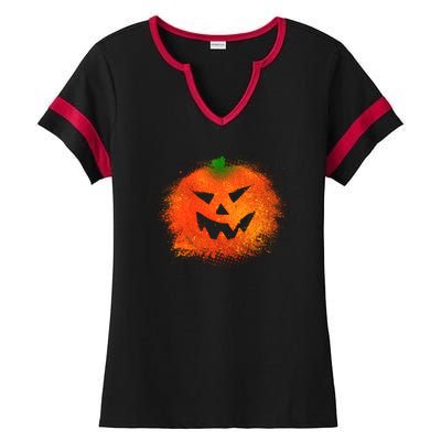 Halloween Airbrush Paint Splatter Jackolantern Pumpkin Ladies Halftime Notch Neck Tee