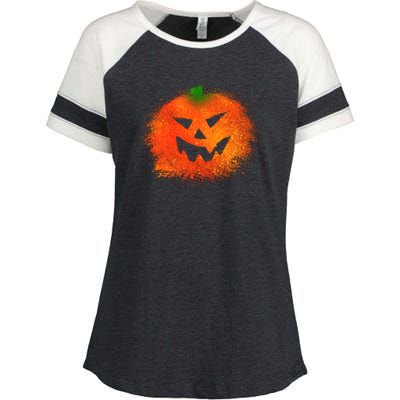 Halloween Airbrush Paint Splatter Jackolantern Pumpkin Enza Ladies Jersey Colorblock Tee