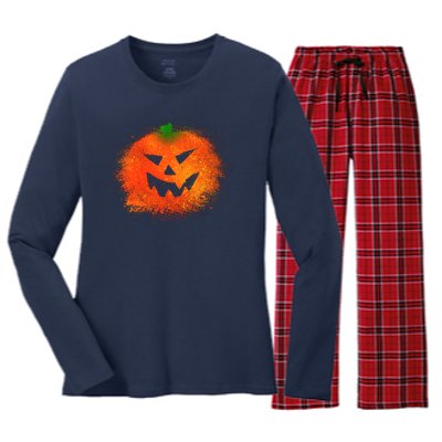 Halloween Airbrush Paint Splatter Jackolantern Pumpkin Women's Long Sleeve Flannel Pajama Set 