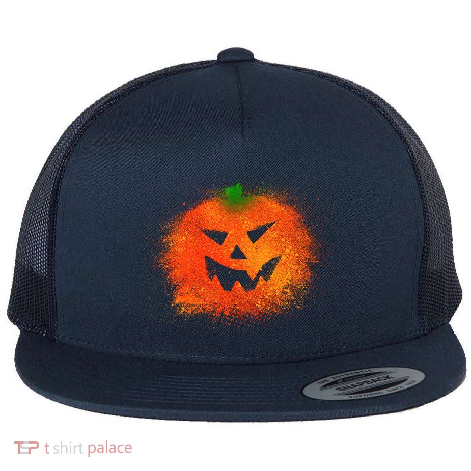 Halloween Airbrush Paint Splatter Jackolantern Pumpkin Flat Bill Trucker Hat