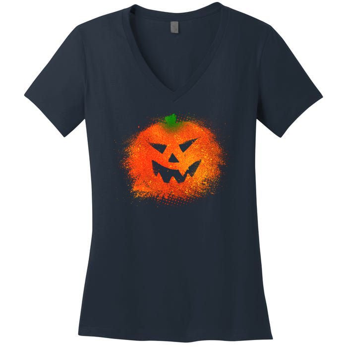 Halloween Airbrush Paint Splatter Jackolantern Pumpkin Women's V-Neck T-Shirt