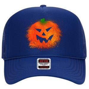 Halloween Airbrush Paint Splatter Jackolantern Pumpkin High Crown Mesh Back Trucker Hat