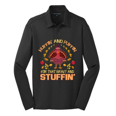 Huffin And Puffin For Stuffin Turkey Trot Squad Thanksgiving Gift Silk Touch Performance Long Sleeve Polo