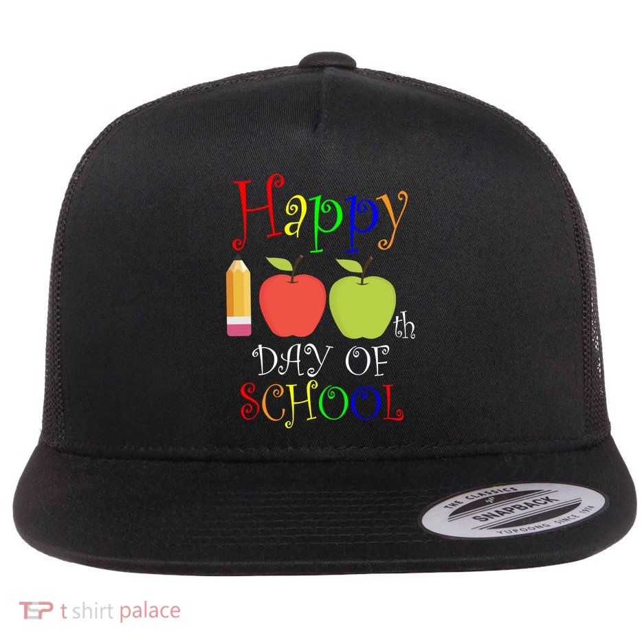 Happy 100th Day Of School Teachers Apple Flat Bill Trucker Hat