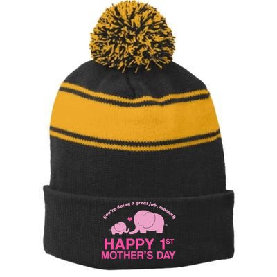 Happy 1st Mothers Day Cute Elephant Stripe Pom Pom Beanie