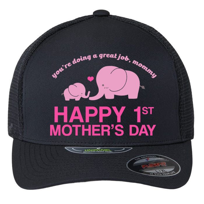 Happy 1st Mothers Day Cute Elephant Flexfit Unipanel Trucker Cap