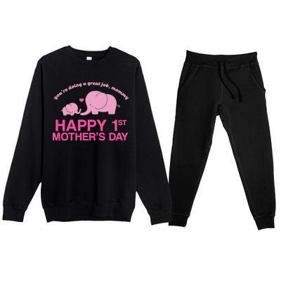 Happy 1st Mothers Day Cute Elephant Premium Crewneck Sweatsuit Set