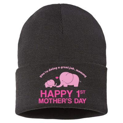 Happy 1st Mothers Day Cute Elephant Sustainable Knit Beanie