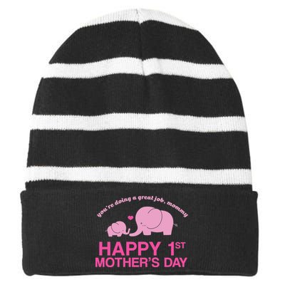 Happy 1st Mothers Day Cute Elephant Striped Beanie with Solid Band