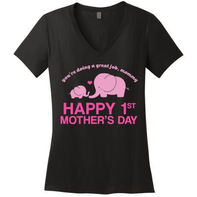 Happy 1st Mothers Day Cute Elephant Women's V-Neck T-Shirt