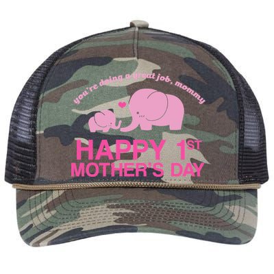 Happy 1st Mothers Day Cute Elephant Retro Rope Trucker Hat Cap