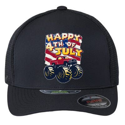 Happy 4th of July USA  America Flag Monster Truck Flexfit Unipanel Trucker Cap