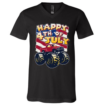 Happy 4th of July USA  America Flag Monster Truck V-Neck T-Shirt