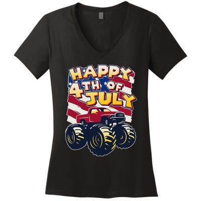 Happy 4th of July USA  America Flag Monster Truck Women's V-Neck T-Shirt