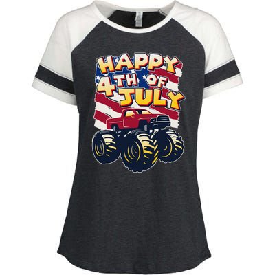 Happy 4th of July USA  America Flag Monster Truck Enza Ladies Jersey Colorblock Tee