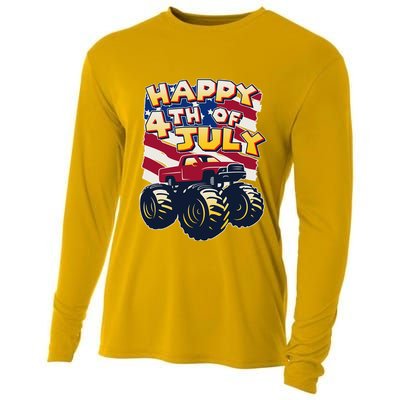 Happy 4th of July USA  America Flag Monster Truck Cooling Performance Long Sleeve Crew