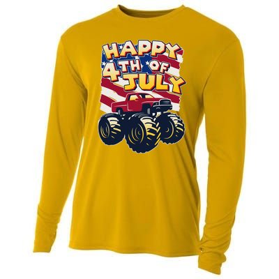 Happy 4th of July USA  America Flag Monster Truck Cooling Performance Long Sleeve Crew