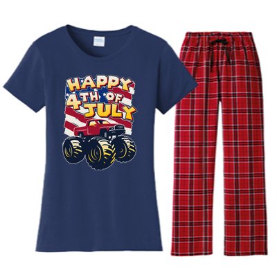 Happy 4th of July USA  America Flag Monster Truck Women's Flannel Pajama Set