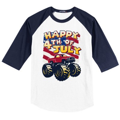 Happy 4th of July USA  America Flag Monster Truck Baseball Sleeve Shirt