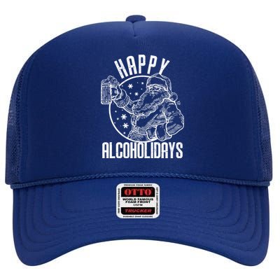 Happy Alcoholidays Christmas Santa High Crown Mesh Back Trucker Hat