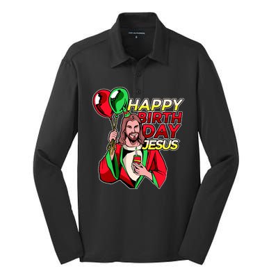 Happy Birthday Jesus Funny Christmas Birthday Boy Silk Touch Performance Long Sleeve Polo