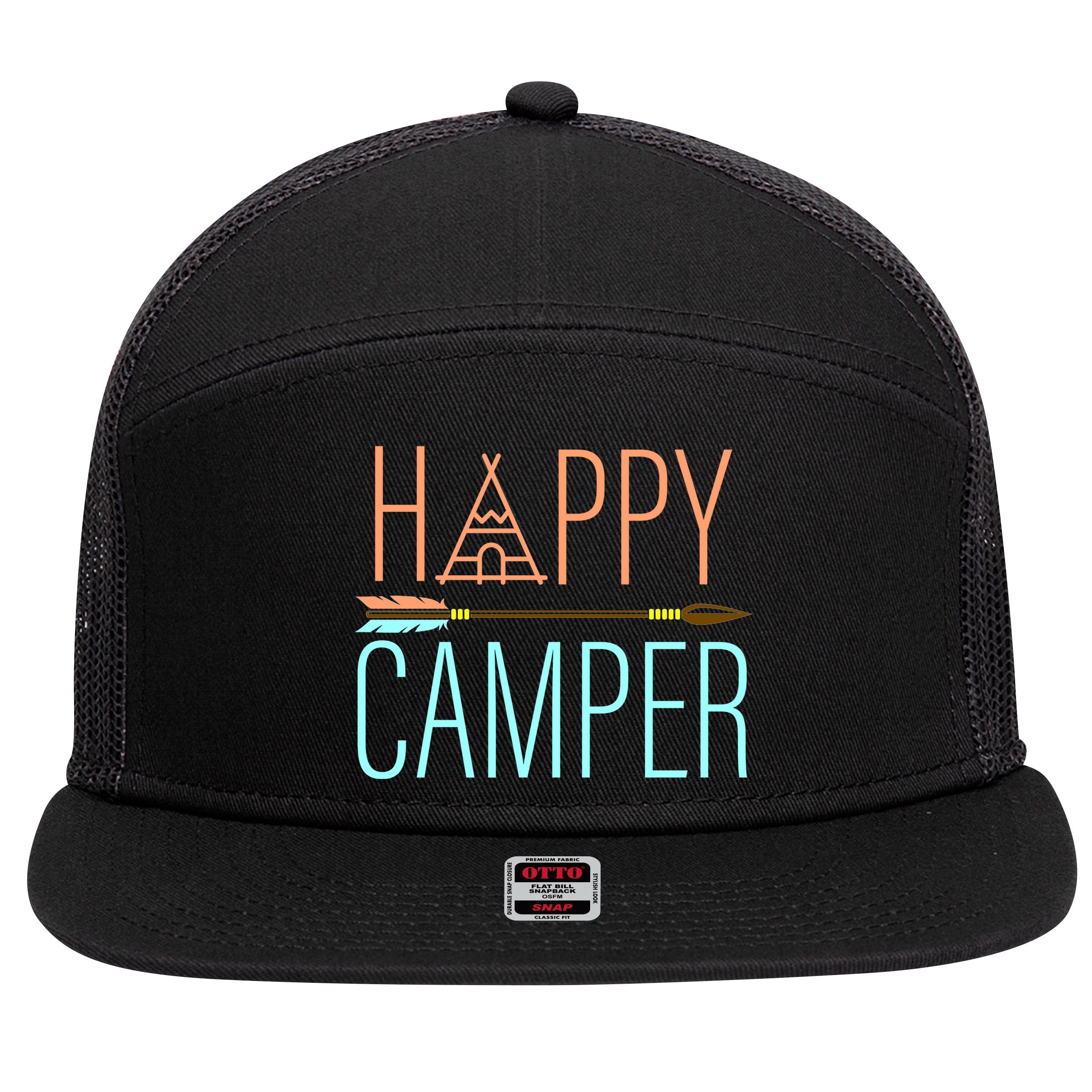 Happy Camper Funny Camping 7 Panel Mesh Trucker Snapback Hat