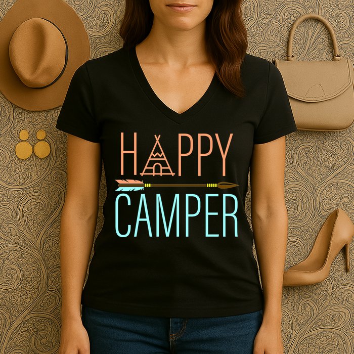 Happy Camper Funny Camping Women's V-Neck T-Shirt