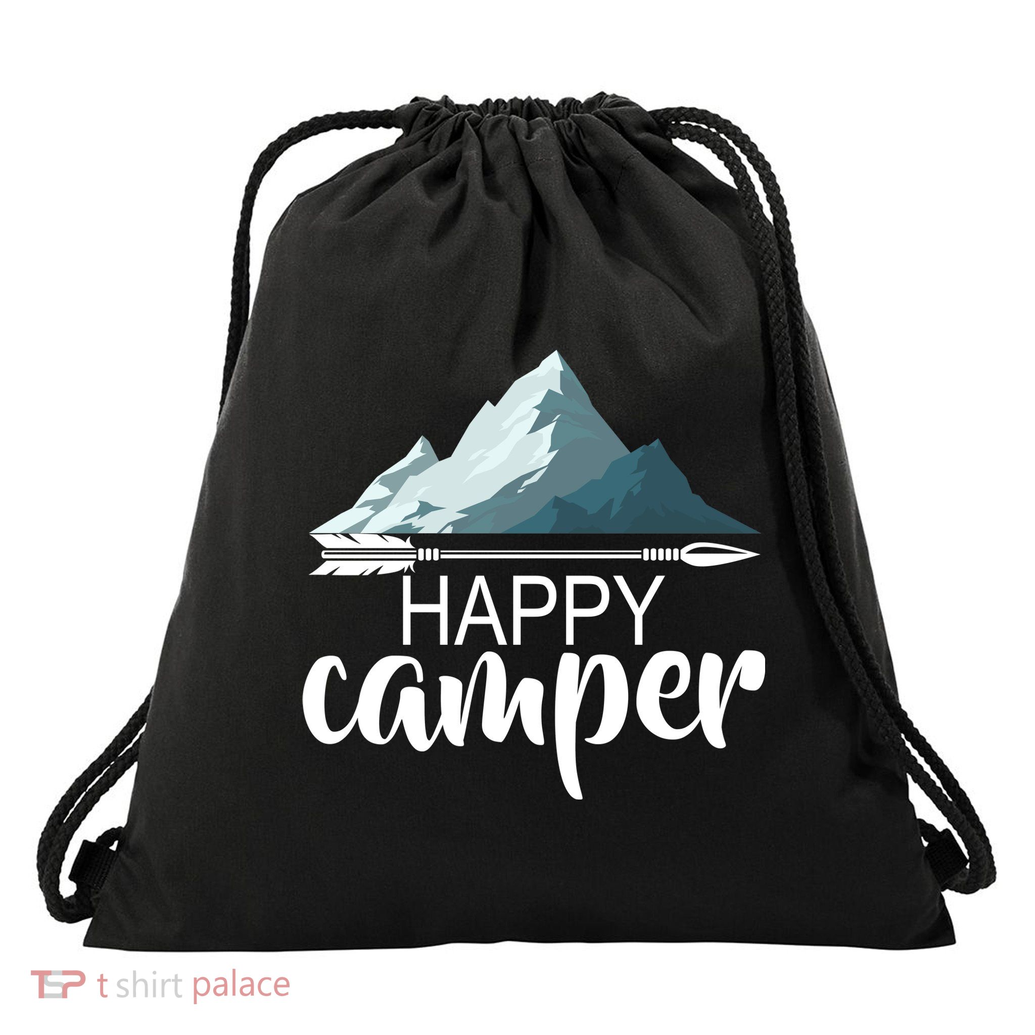 Happy Camper In The Mountains Drawstring Bag