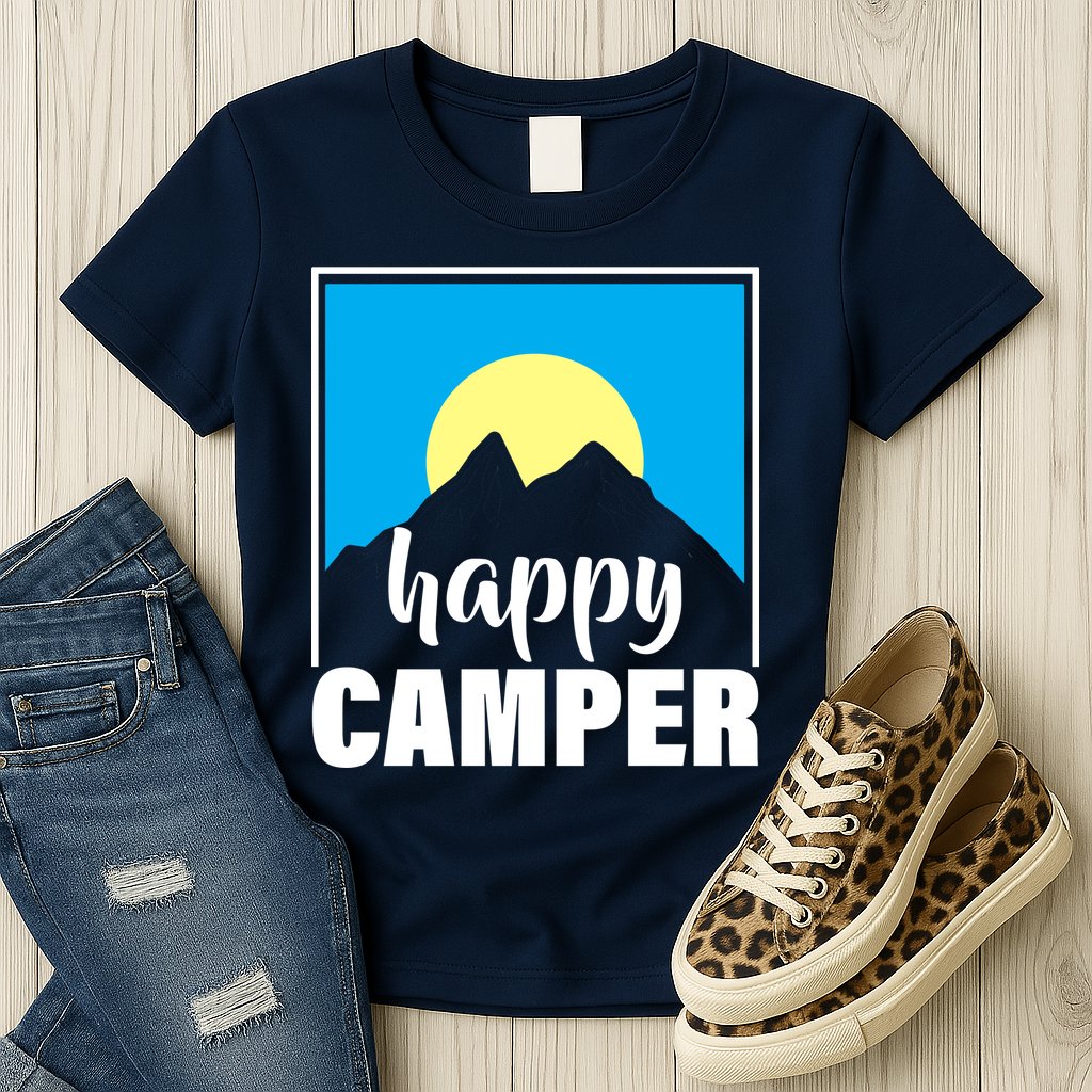 Happy Camper Sunrise Over Mountains Womens T-Shirt
