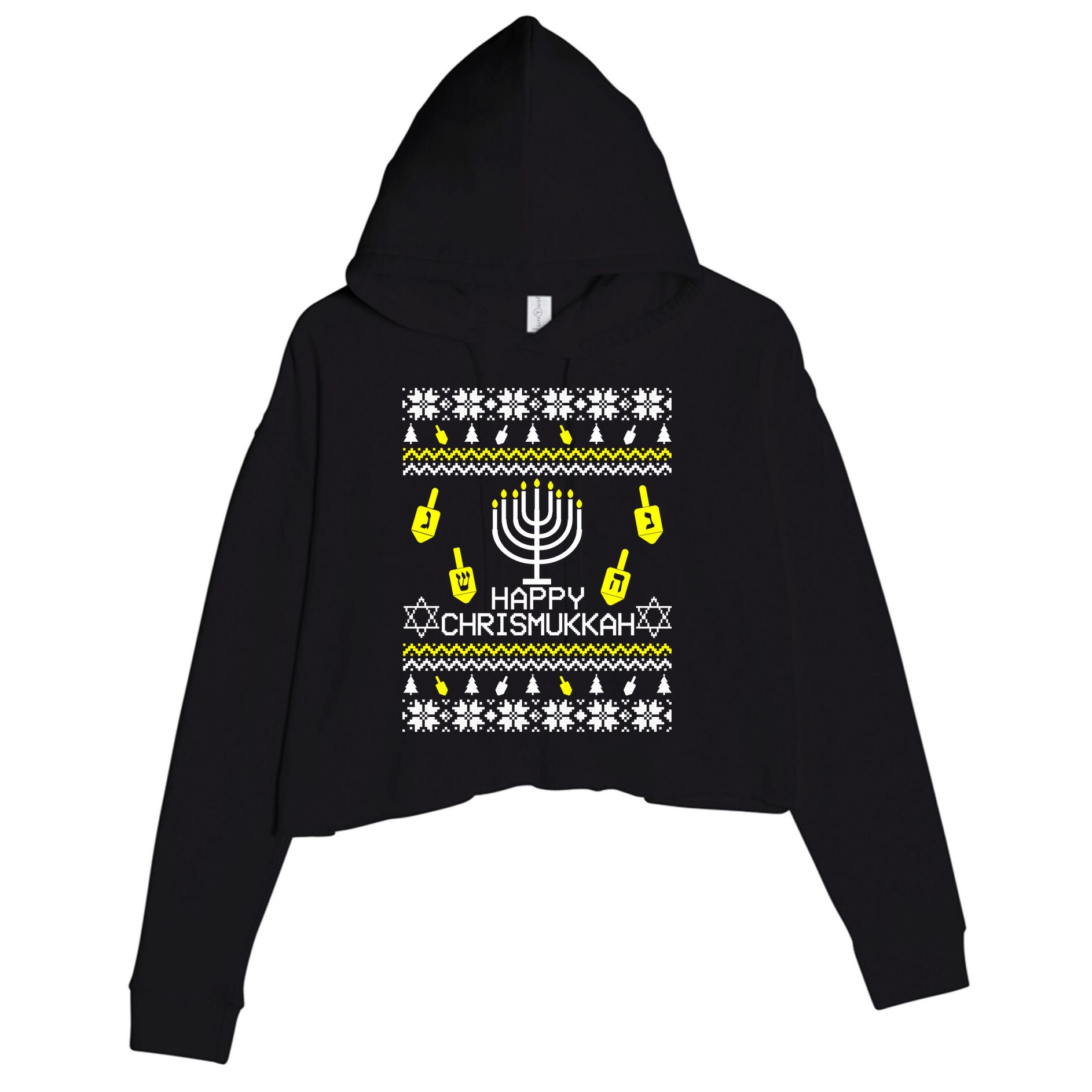 Happy Chrismukkah Hanukkah Ugly Christmas Crop Fleece Hoodie